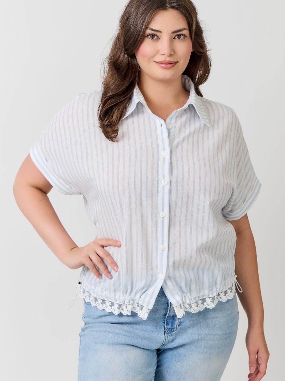 Plus Blue & White Stripped Short Sleeve Button Down Shirt with Drawstrings